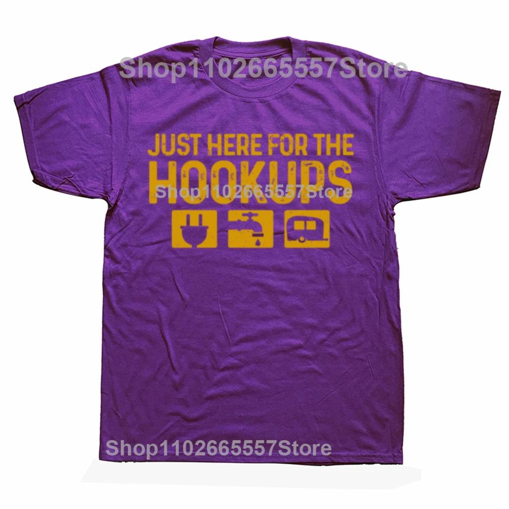 Funny Camping RV Caravan Motorhome Just Here For The Hookups Graphic Tshirts Men Casual Tshirt Cotton Loose Oversized T Shirt