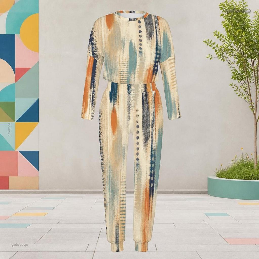 Women Plus Size Printed Round Neck Long Sleeve Two Piece Set Cuffed Top And Pants With Pockets