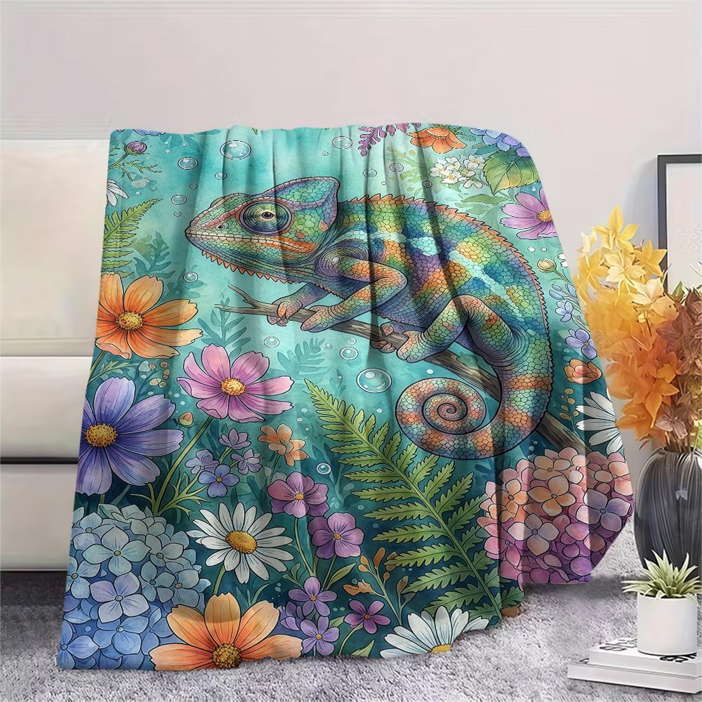1PC Chameleons and Plants Print FlAannel Blanket, High quality Comfortable for All Seasons, Home Decor, Warmth and Comfort