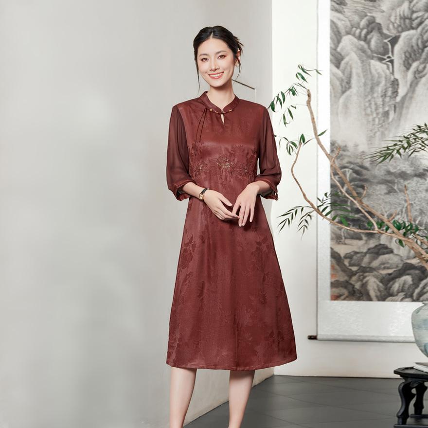 Red cloud yarn silk dress for women's summer new temperament slim improved cheongsam mulberry silk skirt