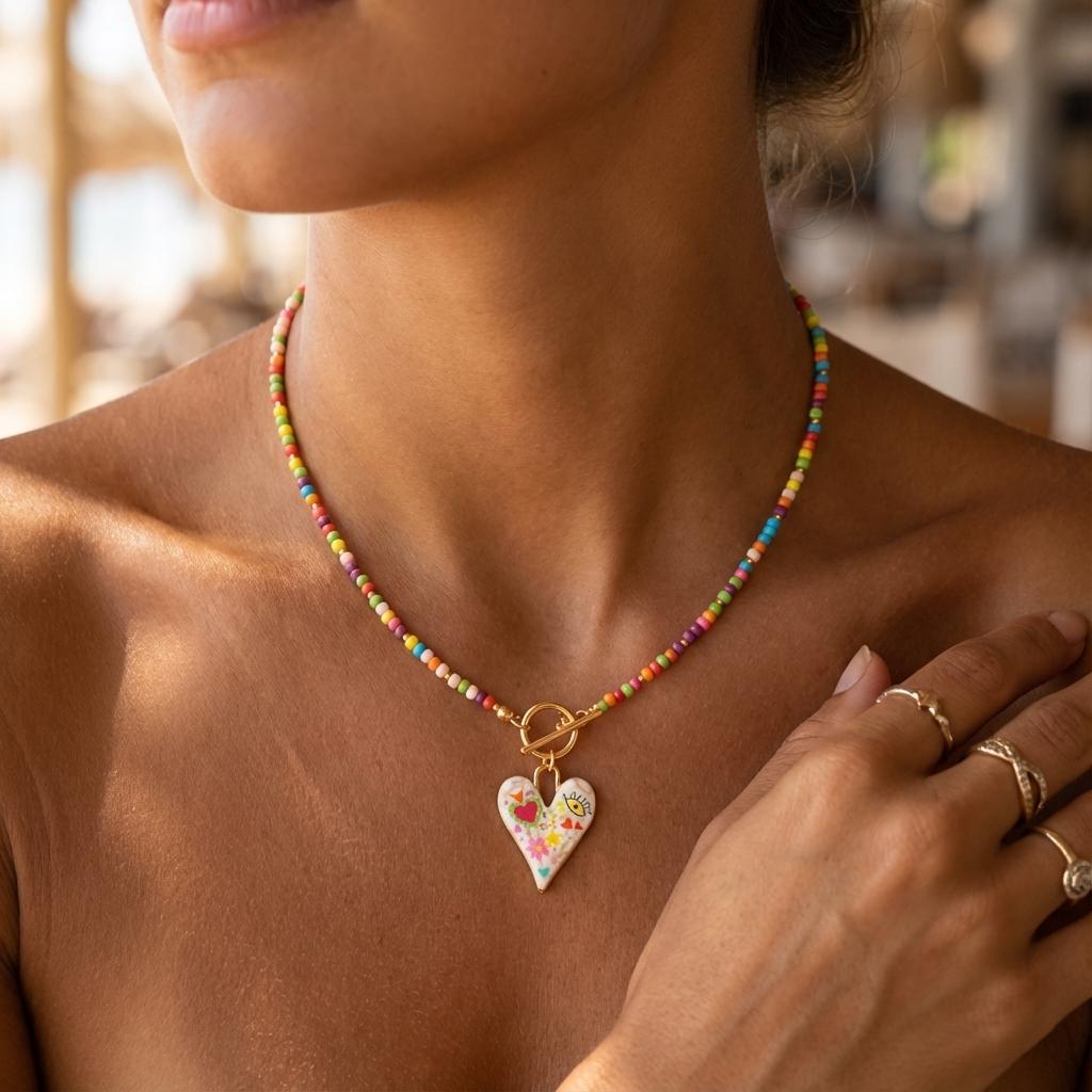 Y2K Colorful Summer Beach Beaded Choker Necklace for Women Heart Pendant Trendy Front Toggle Clasp Dopamine Party Jewelry Gift