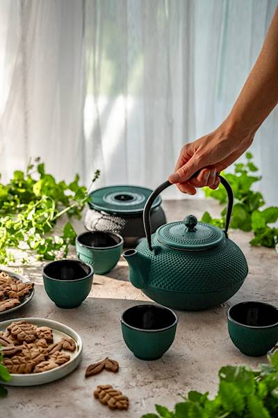 CAST IRON KETTLE 1.5L TEAPOT 4x CUPS INFUSER PADS TEA STRAINERS