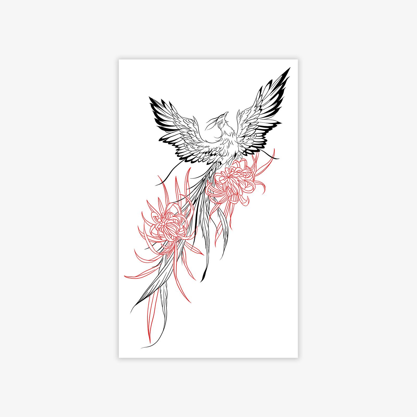 New Chinese Flower Phoenix Tattoo Sticker, High-End Aesthetic Tattoo Sticker 9*15