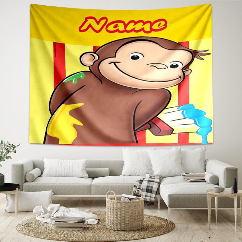 Custom Name Curious George Print Tapestry, Backdrop, Easy Setup, Ideal for Bedroom, Office & Living Room, with Aesthetic Wall Hanging Decor.