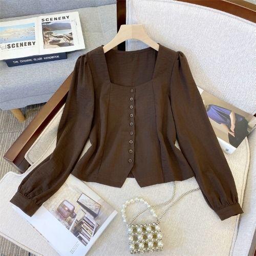 Women's Plus Size French Square Neck Blouse Puff Long Sleeve Single Breasted Pleated Slim Casual Shirt For Curvy Figures