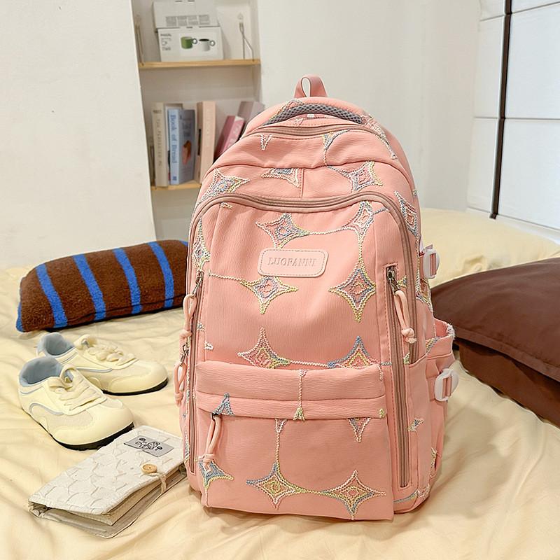 

Korean Style Backpack For Girls Boys With Solid Color And Star Embroidery Design For School And Travel рожевий