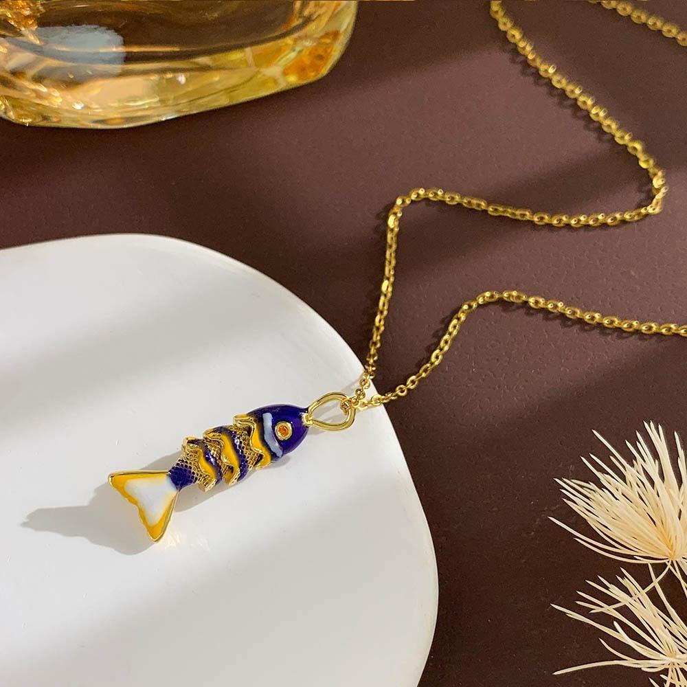 

Fashion Stainless Steel Chain Fish Necklace Enamel Charms Choker Joints movable Plating Carp Collarbone Necklace For Women