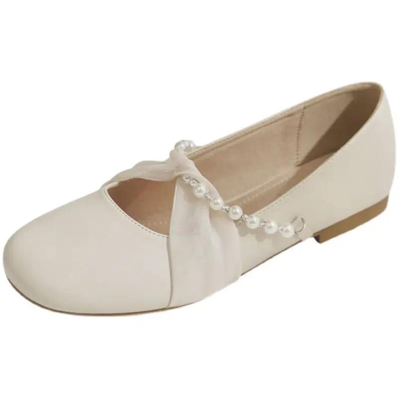 Fashion Low Heel Elegant Shoes for Women Round Toe Woman Flats Pearl Spring Wholesale Dress Young on Offer Summer 2025 Casual Y2k Slip