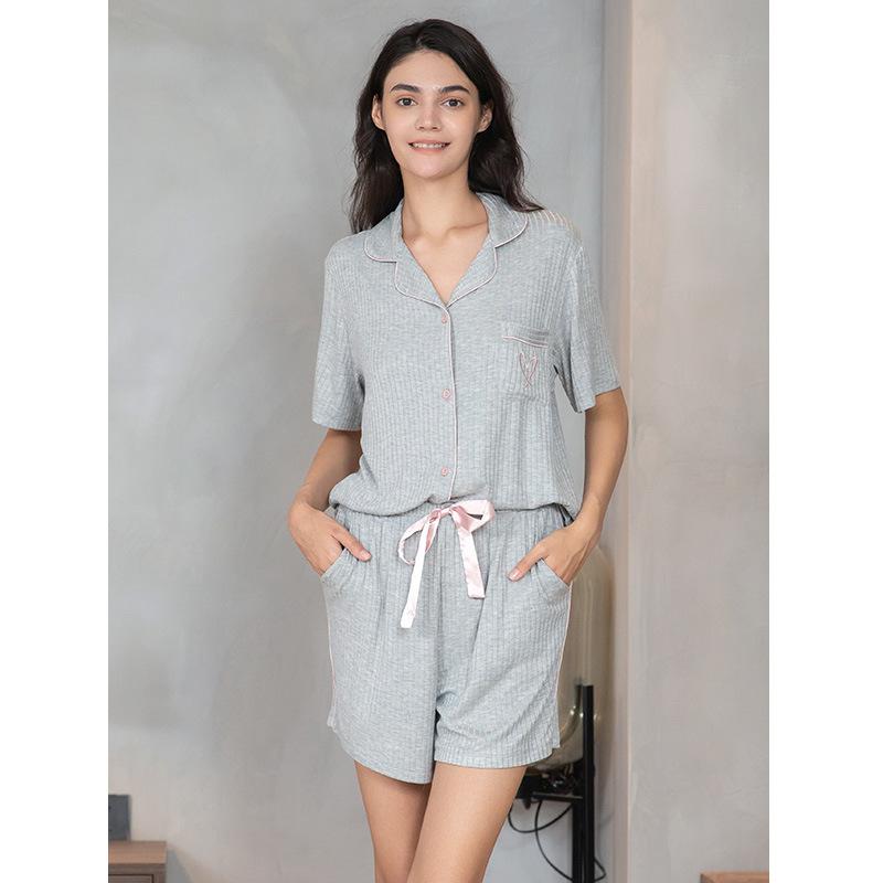 Ladies Summer Cool Feeling Short Sleeve Loungewear Shorts Set Love Pocket Solid Colour Stripe Modal Cotton Pajama Set