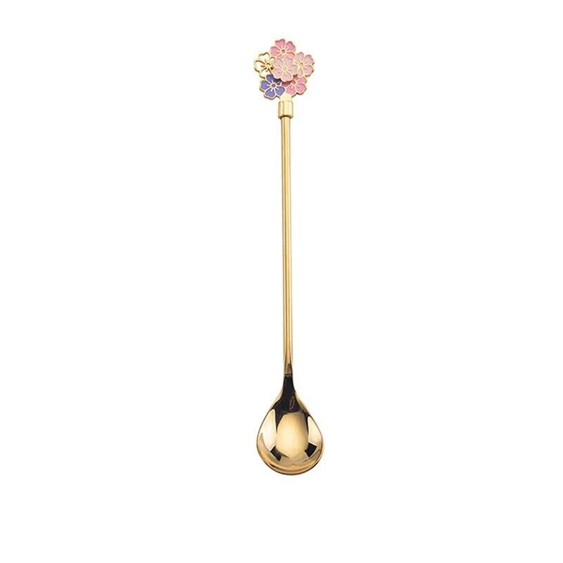 Mixing Spoon 304 Stainless Steel Spoon Home Dessert Spoon Drift Cherry Blossom Spoon Long Handle Spoon