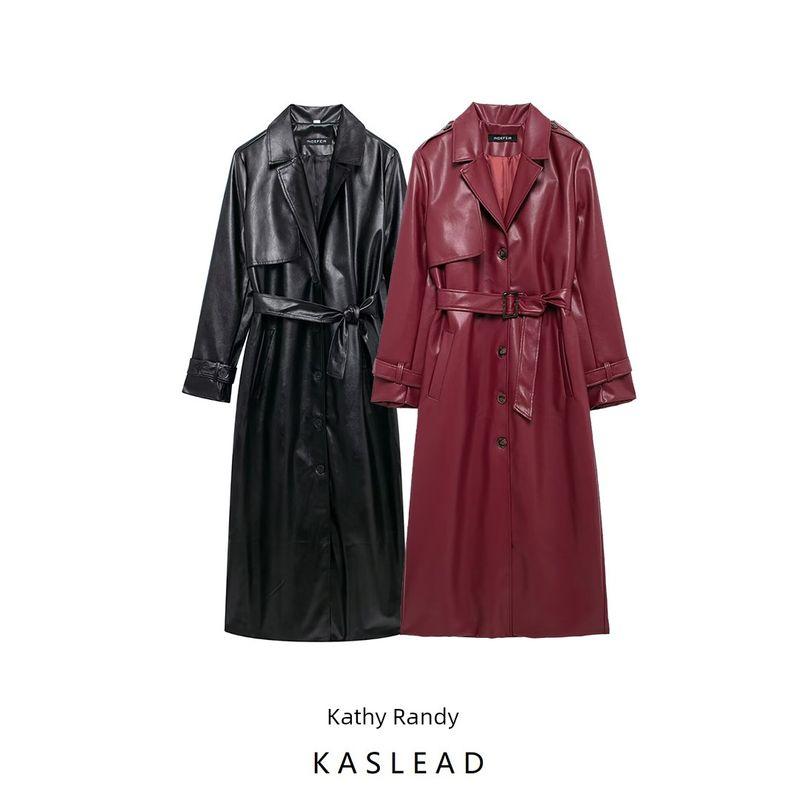Kaslead New Arrival Women's Clothing Fashion Style Fashion Simple Lapel Loose with Belt Imitation Leather Trench Coat Outwear