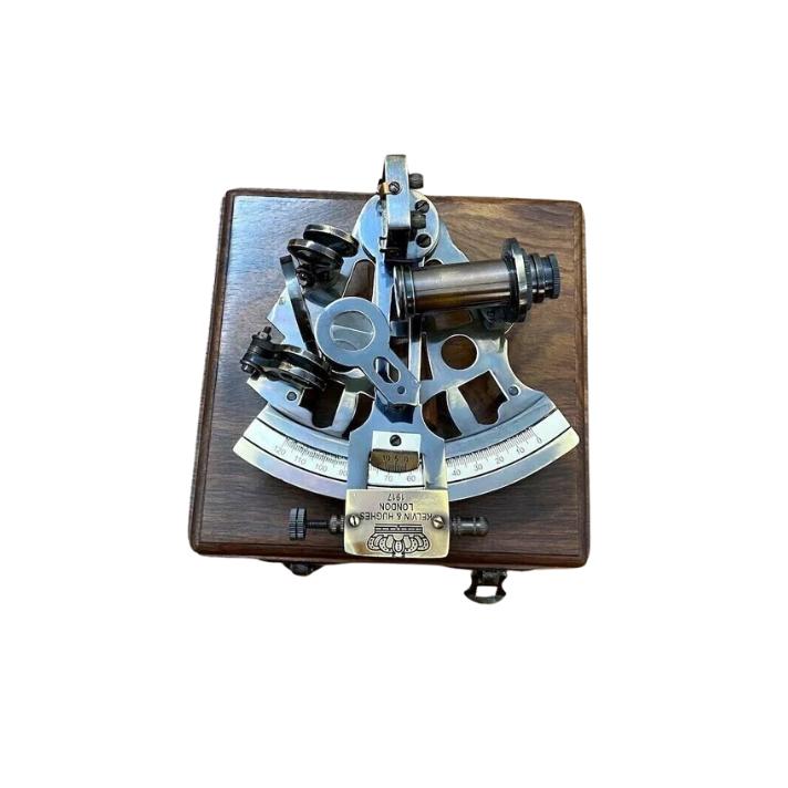 Antique Brass Pocket Sextant Navigation Nautical Marine Vintage Wooden Box Gift