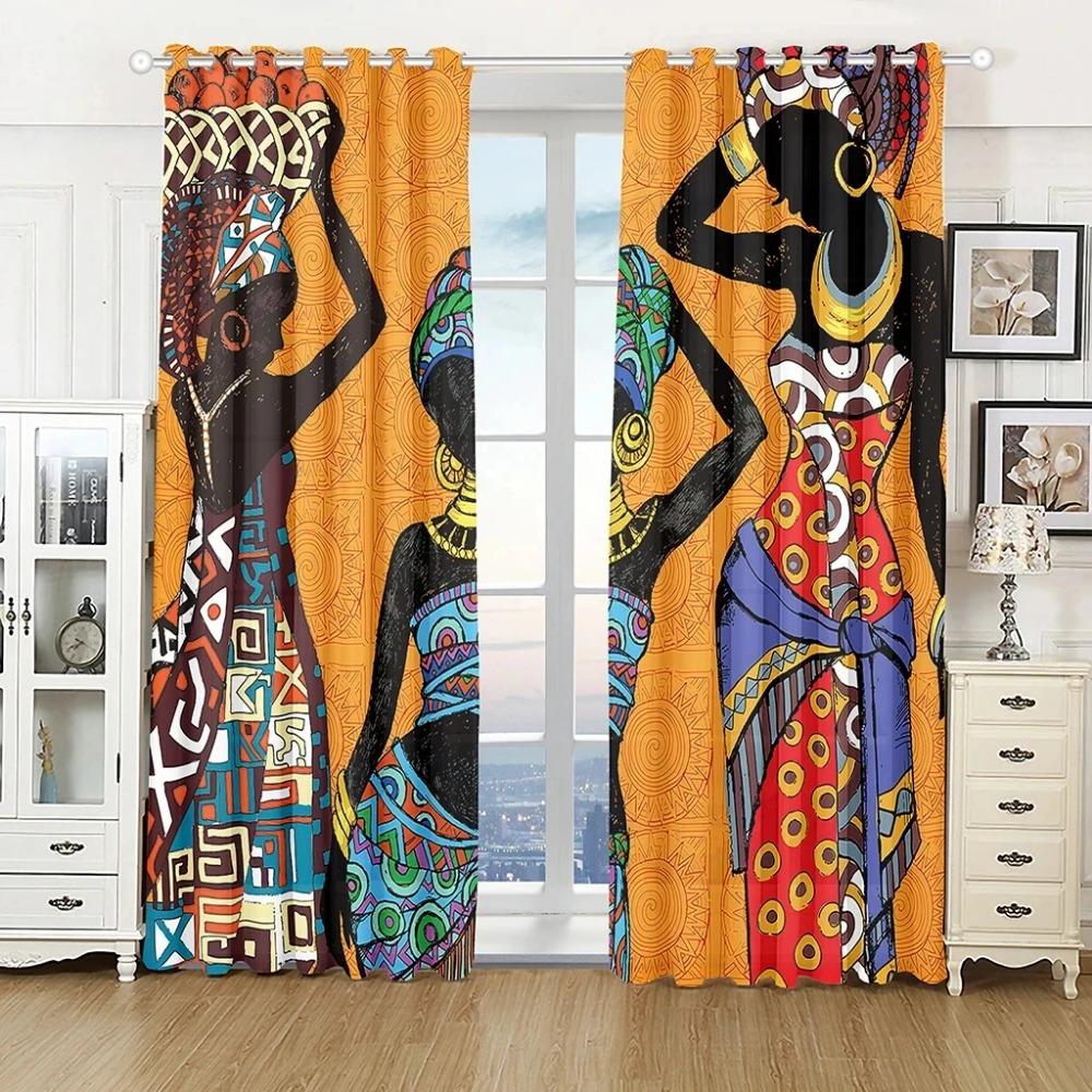 2 Pieces Ancient Ethnic African Woman Window Curtains Living Room Bedroom Kitchen Curtain Drapes Abstract Art Window Treatment