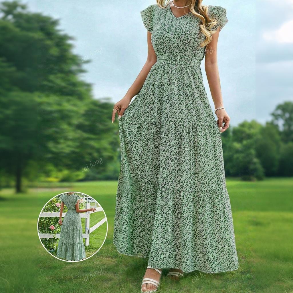 Abito da donna con scollo a V, vita alta, stampa floreale, multistrato, manica corta, casual, maxi, per l'uso quotidiano