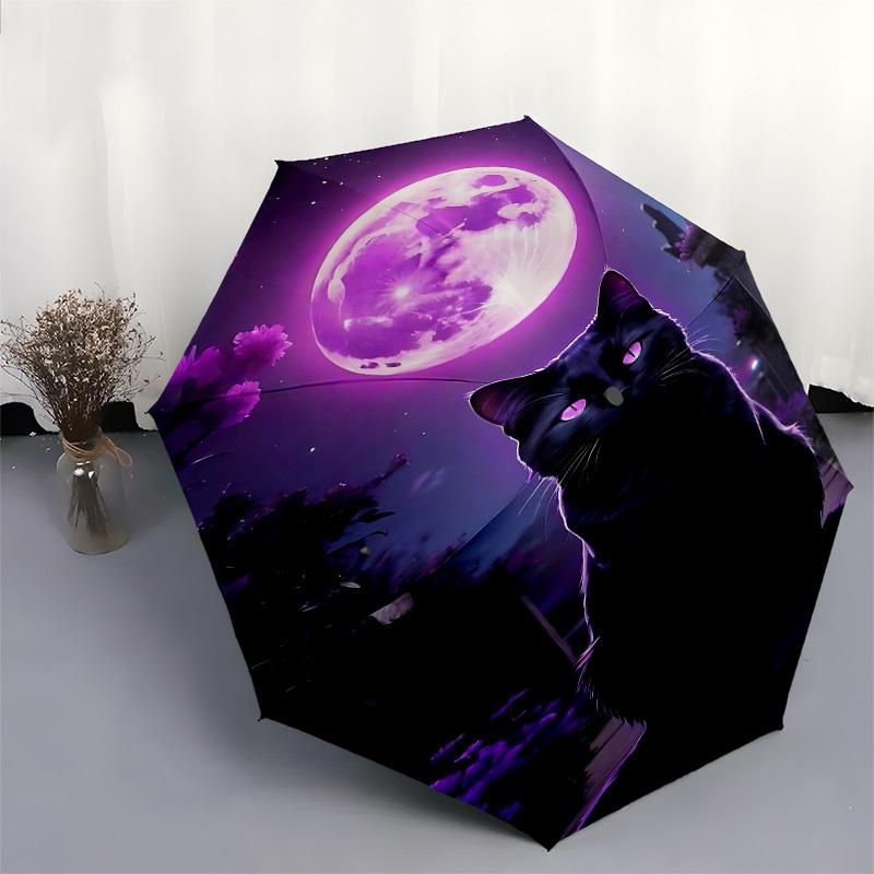 1pc Black Cat MoonOpen/Close Umbrella-Windproof, Compact Travel Umbrella, Sturdy 8-Rib Shaft, Outdoor Accessory, 1019