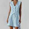 2Pcs/Set Women Vest Shorts Suit Summer V Neck Casual with Pocket Sleeveless Solid Color Ladies Waistcoat Top Shorts Kit Office Wear
