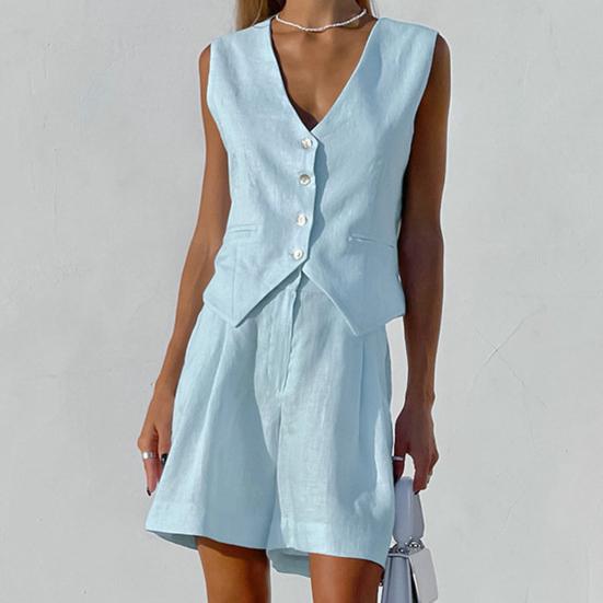 2Pcs/Set Women Vest Shorts Suit Summer V Neck Casual with Pocket Sleeveless Solid Color Ladies Waistcoat Top Shorts Kit Office Wear