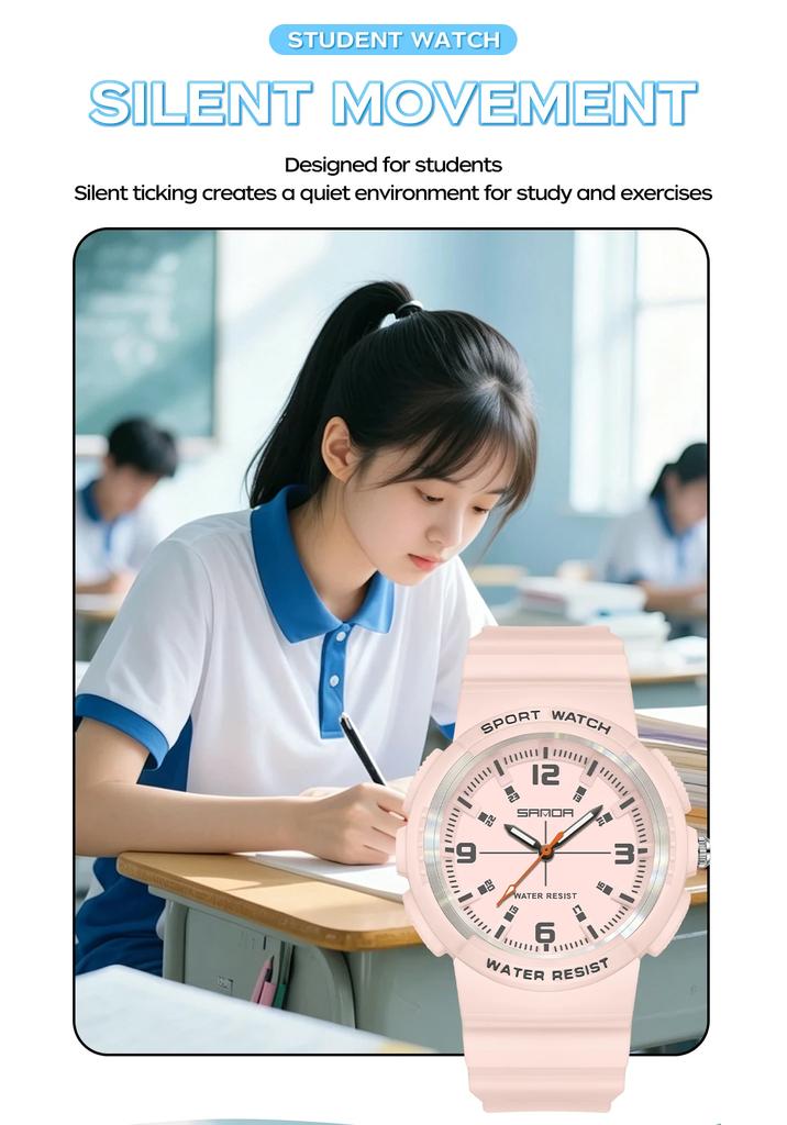 SANDA SD3284 Fashion Student Quartz Watch Simple Waterproof Silicone Strap Night Light Male and Quartz Watch