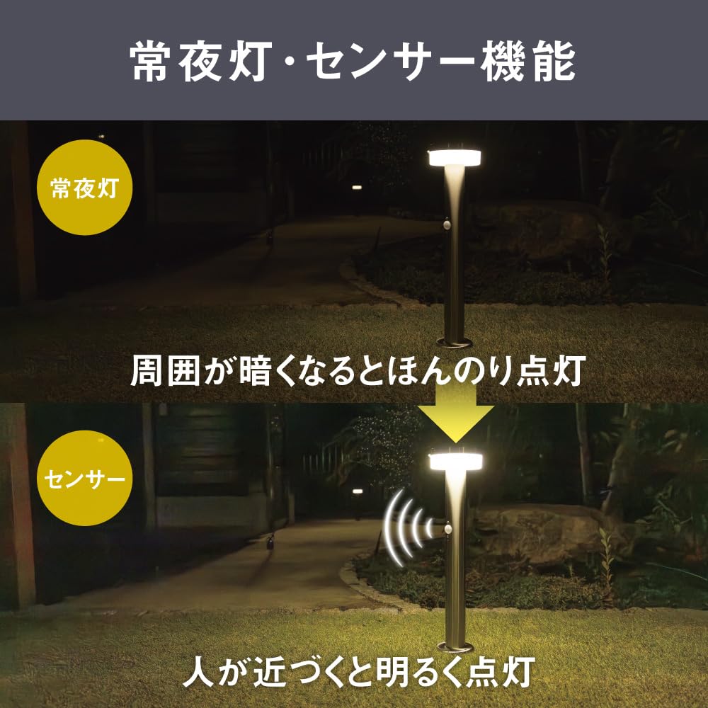 MUSASHI Garden Solar Sensor Light, 2W, Round, Silver, Waterproof, Stainless Steel, Solar Powered, Energy Saving, Garden, Outdoor, 3 Lighting Modes,
