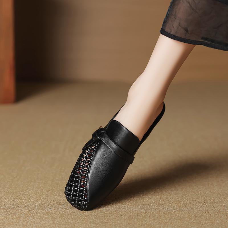 Fashion 2025 Summer New Women Shoes Genuine Leather Square Toe Women Sandals Hollow Out Sandals for Women Chunky Heel  Mules Slippers