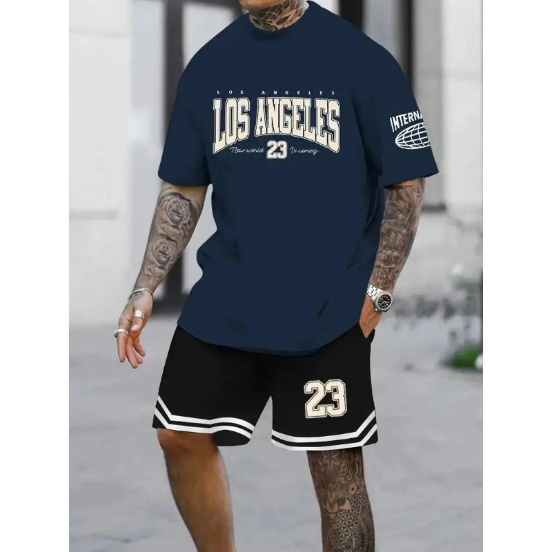 Pantaloni scurți sport cu mânecă scurtă pentru bărbați, set casual din două piese, jurnal de stradă, Harajuku, imprimeu digital lejer, vară,