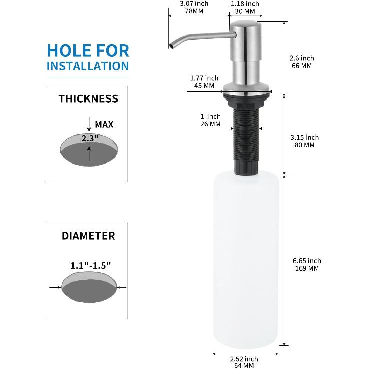 Built in Soap Dispenser for Kitchen Sink, Brushed Nickel Stainless Steel Countertop Pump Head (Plastic Built-in), Dish Soap Hand Lotion Dispenser