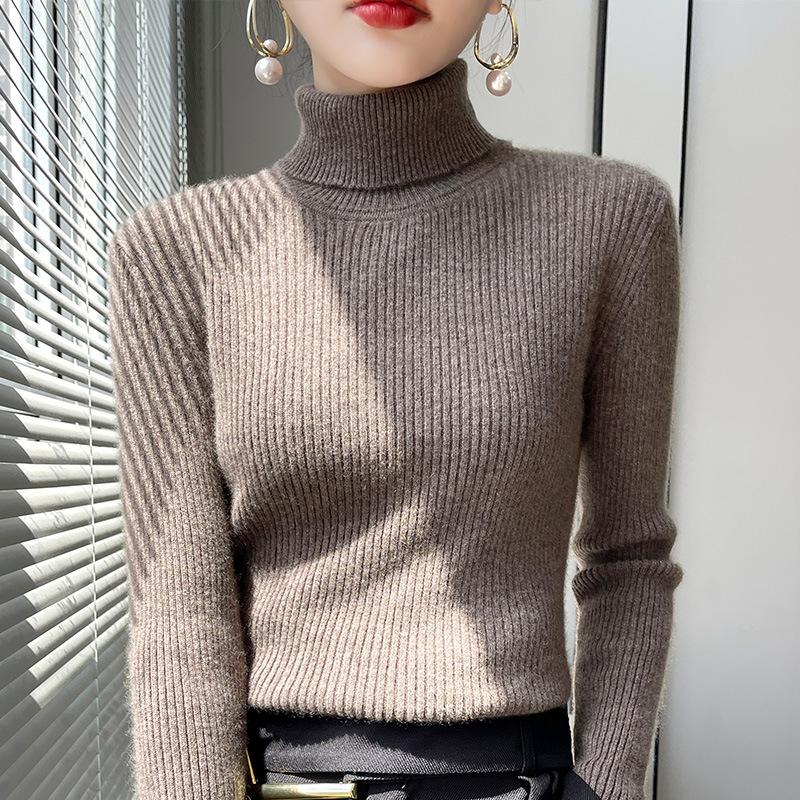 Women's Autumn Winter High Neck Pile Collar Ribbed Knit Slim-Fit Inner Base Layer Sweater