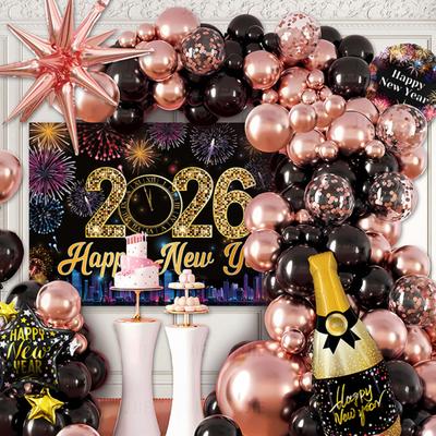 Yousheng 2026 New Year Decoration Black Gold Silver Latex Balloons Foil Letter Balloon Banner Set for New Years Eve Prom Party Supplies