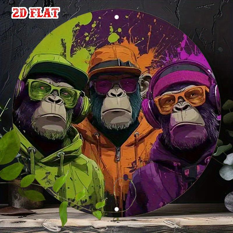 D Flat Funny Monkey Headphones Metal Sign Street Art Graffiti Style Wall Art Colorful Pop Art Ape Print Hip Hop Urban Room D 20x20cm(8x8inch)