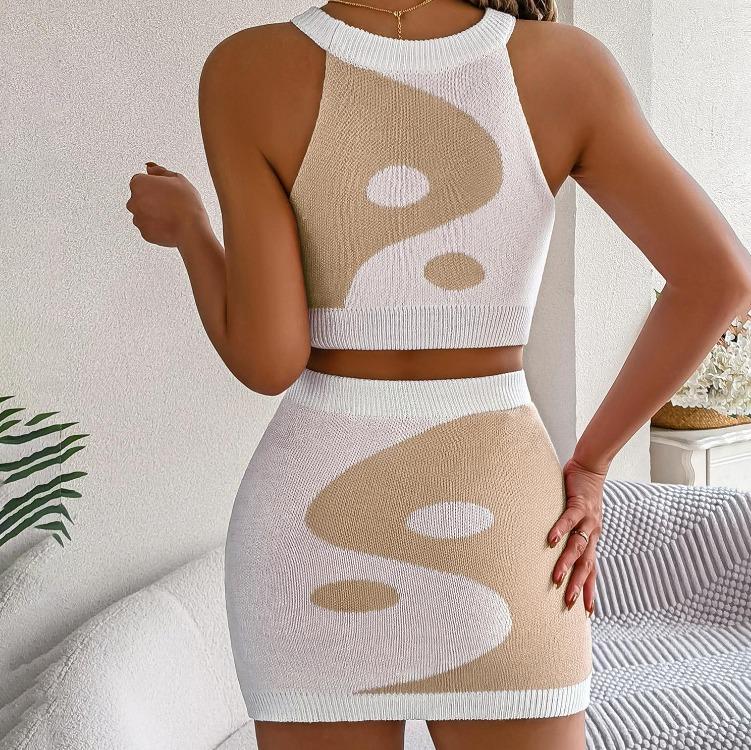 Women Sleeveless Knit Two Piece Set Half Collar Pullover Sweater Suit Multicolor Skirts