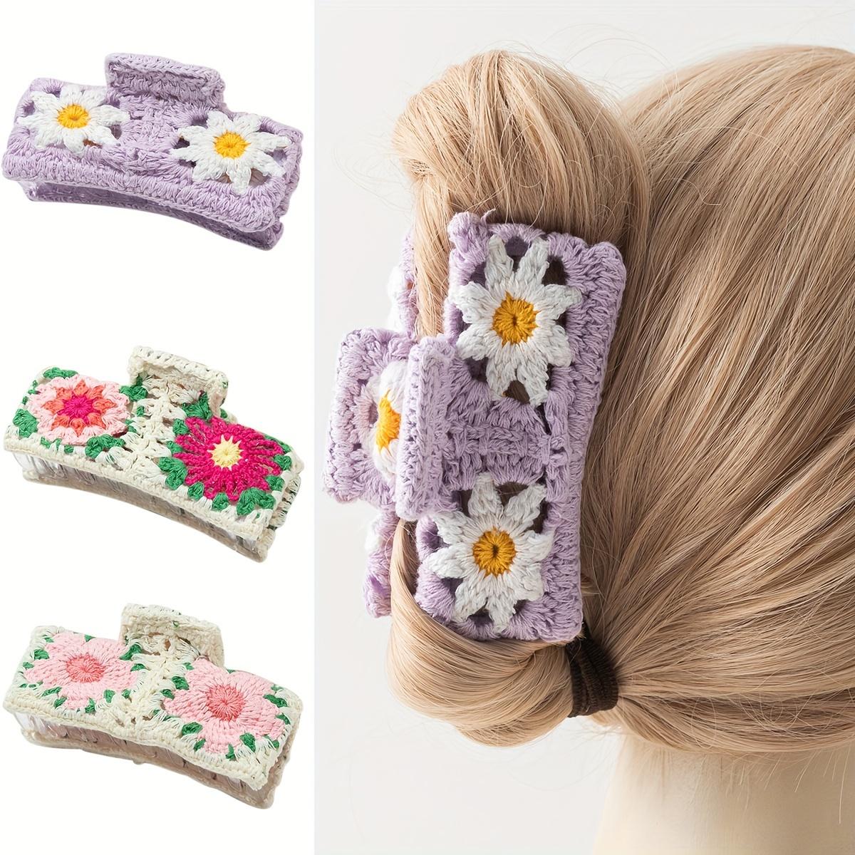 Ouyaohong Women's Chic Floral Knit Hair Claw Large, Plush Rectangle Hair Clip For | Perfect For Everyday Styling, Hair Accessories