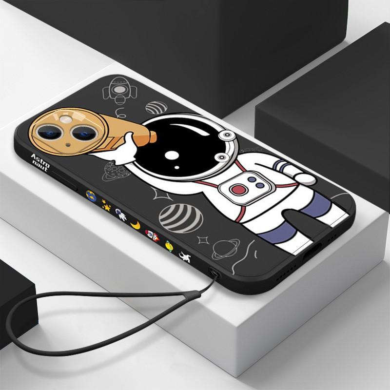 Cartoon Astronaut Silicone Case For iPhone 17e 16e 17 Pro 16 14 15 Pro Max Plus 13 11 12 Pro Shockproof TPU Lanyard Phone Cover