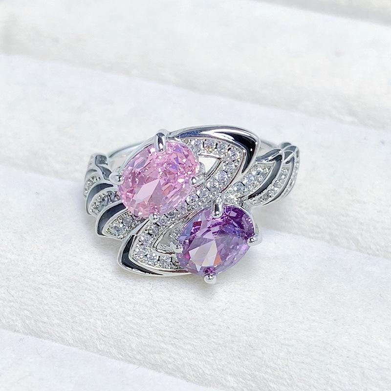 [Twin Crystal Love] Pink Purple Full Diamond Zir*****Pening Ring Niche Light Luxury High Sense Sweet Treasure Ring Girl