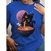 A Cat Lady Eating Ramen, Short-sleeved, Patterned Printed Round-neck T-shirt, Casual Short-sleeved T-shirt, Women's Clothing