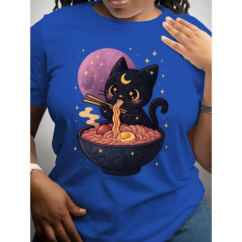 A Cat Lady Eating Ramen, Short-sleeved, Patterned Printed Round-neck T-shirt, Casual Short-sleeved T-shirt, Women's Clothing