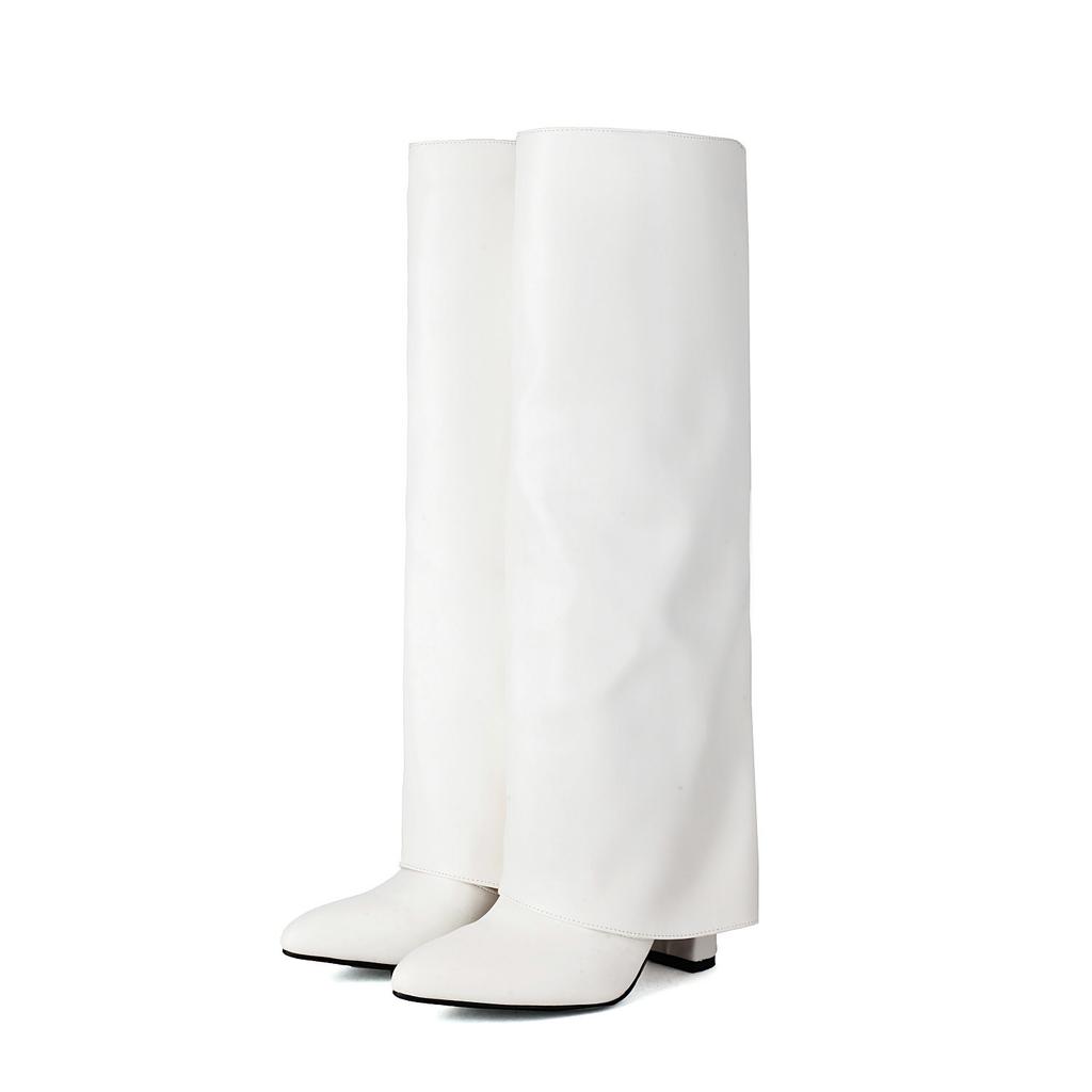 French Concise 9.5cm Heels Folding Boots Women's Knee High Boots Comfy Soft PU Sung Fit Autumn Winter Shoes