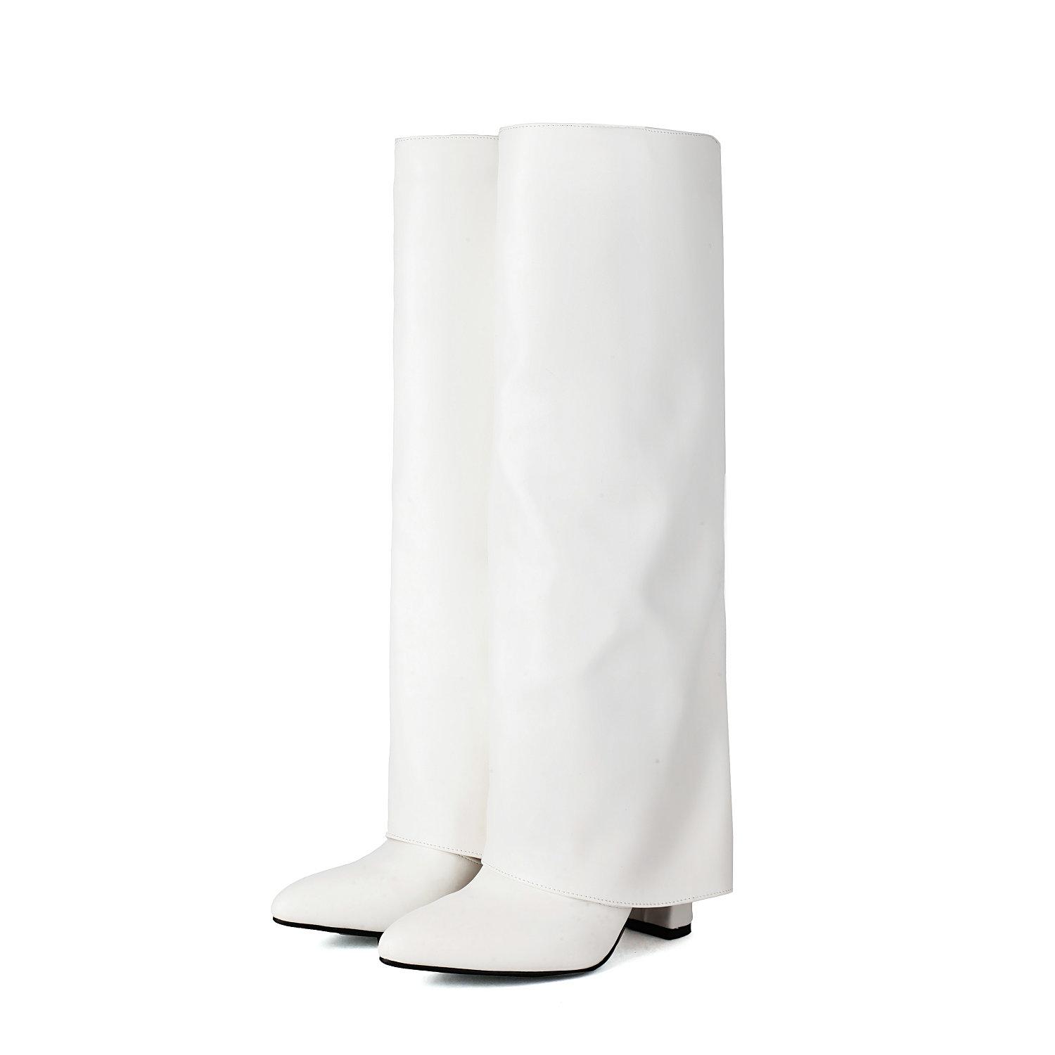 

French Concise 9.5cm Heels Folding Boots Women s Knee High Boots Comfy Soft PU Sung Fit Autumn Winter Shoes 35 белый
