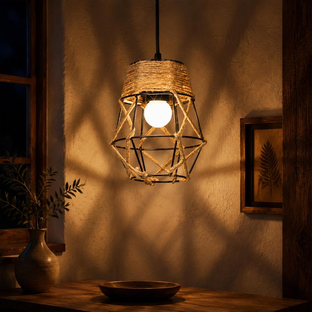 Handwoven Pendant Lamp Shade Rustic Style Decorative Light Fixture Cover with Metal Frame and Natural Fiber Weaving for Home Lighting