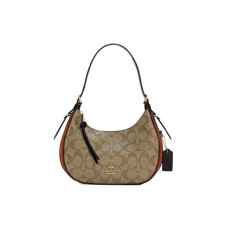 New COACH Kleo Canvas With Leather And Suede Shoulder Bag Portable Crossbody Bag Shoulder Bag Women's Khaki/Brick Red C6809-IME7V