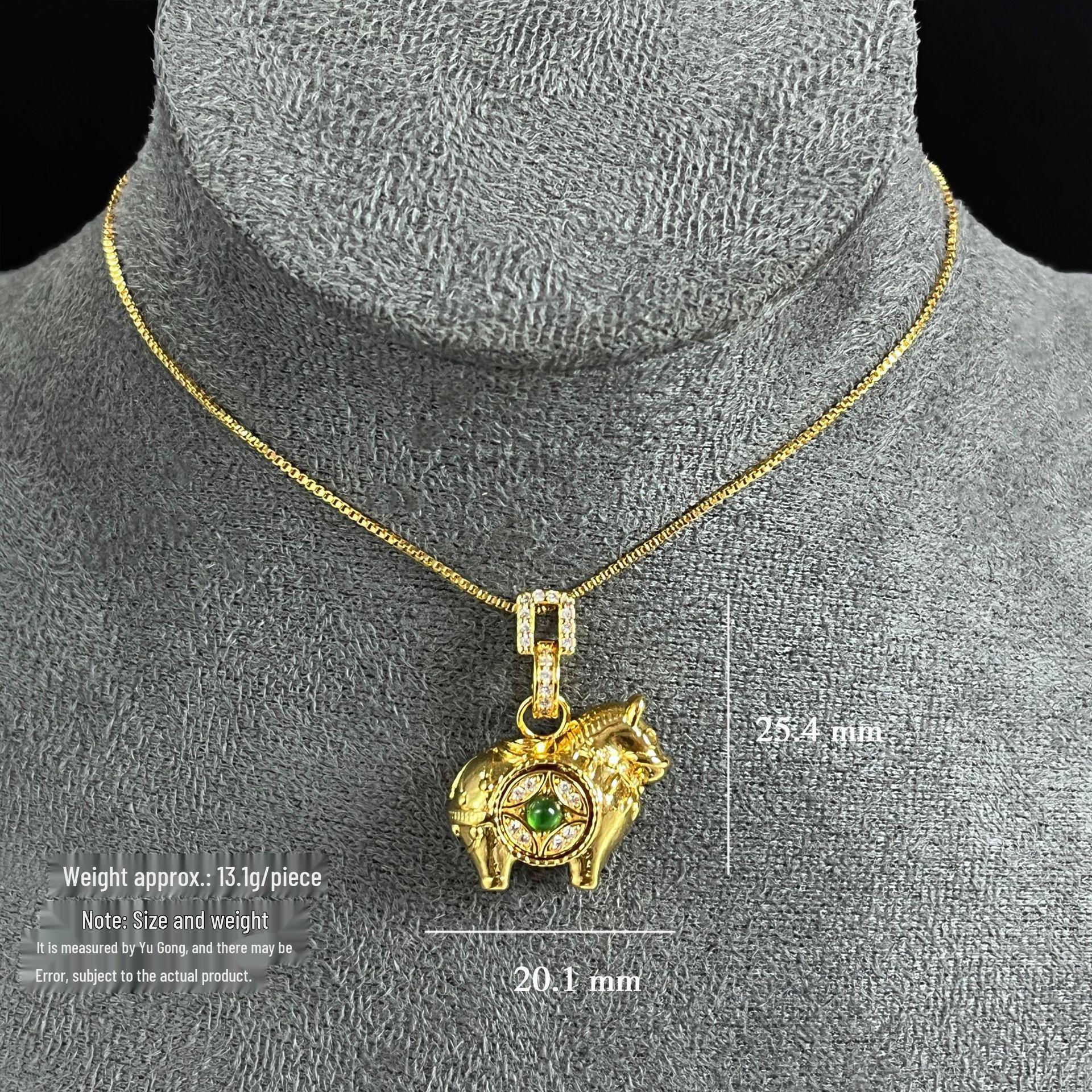 Gold-Inlaid Copper Horse Pendant Necklace with Natural Jade - Year of the Horse Zodiac, Red Rope Woven Chain