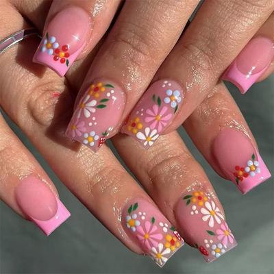 24 Pcs Short Square False Nail Sweet Flowers Press On Nail French Tip Acrylic Nail Glossy Full Cover Stick On Nail
