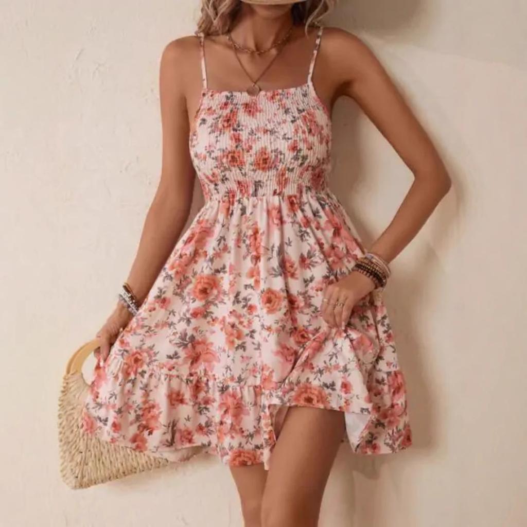 2026 spring and summer Amazon independent station European and American cross-border women's clothing suspender off-the-shoulder flower print