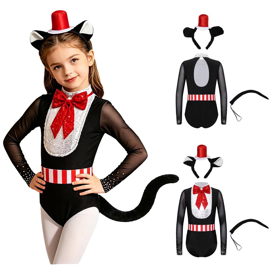 Kids Themed Party Halloween Costume Mock Neck Long Sleeve Bowknot Sequin Mesh Patchwork Bodysuit with Hair Hoop Faux Tail for Cosplay Stage