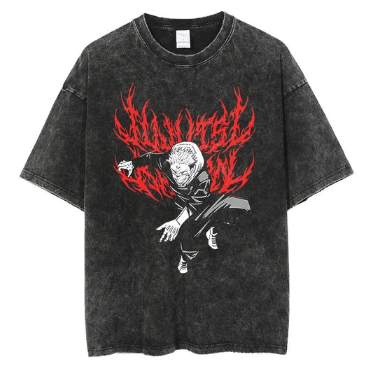 Parentchild Fashion Anime Comfortable Tshirt Jujutsu Kaisen Washed Tee Vintage Oversized Anime Graphic Men Casual Tops