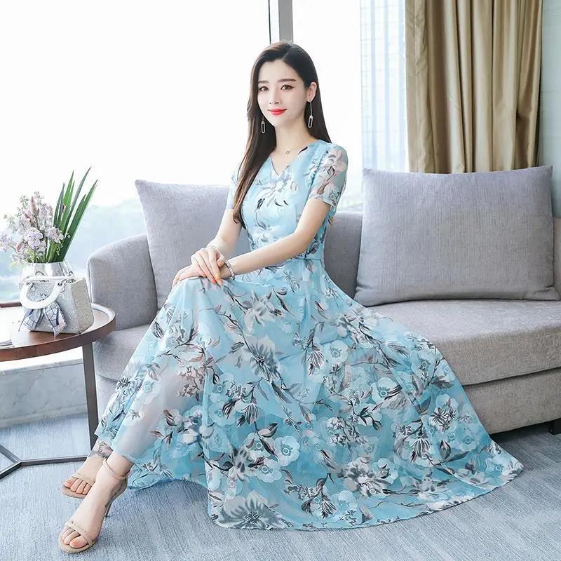 white christmas dresses Korean Style] Off-white Blue Flowy Chiffon Short Dress – Ordicle main image 1