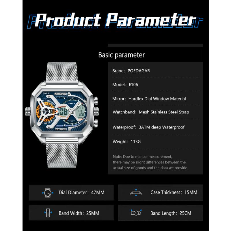 POEDAGAR Luxury Men's Quartz Watches Stainless Steel Mesh LED Waterproof Date Week Man Watch Fashion Sports Electronic Men Clock