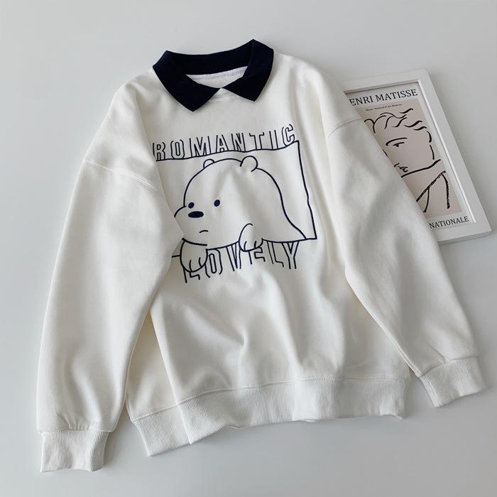 

Мультяшный свитшот в корейском стиле с воротником поло, пуловер с отложным воротником, омолаживающий, для весны и осени 2XL [150-170 lbs] белый