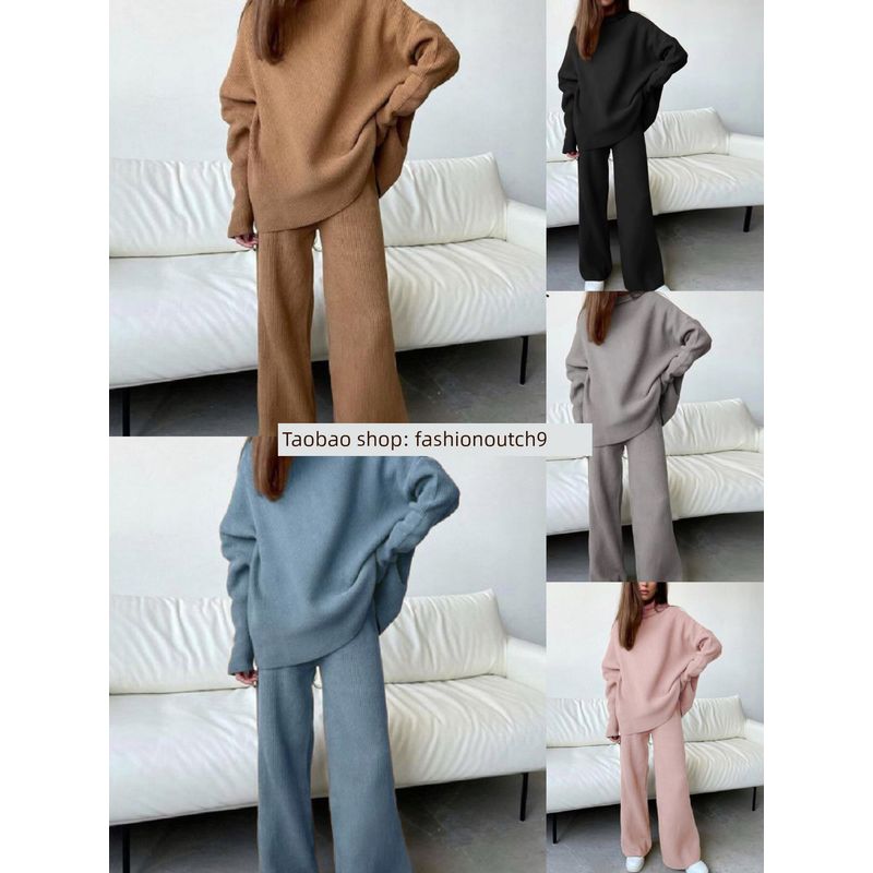 

2023 Long Sleeve Loose Knit Wide Leg Pants Knitting Loose Pants 2-Piece Set Grey XL