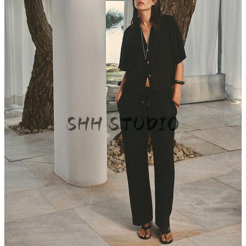 Honeycomb Plaid Short Sleeve Lapel Shirts 4387024 Series with Decoration Wide Leg High Waist Casual Trousers 4387022