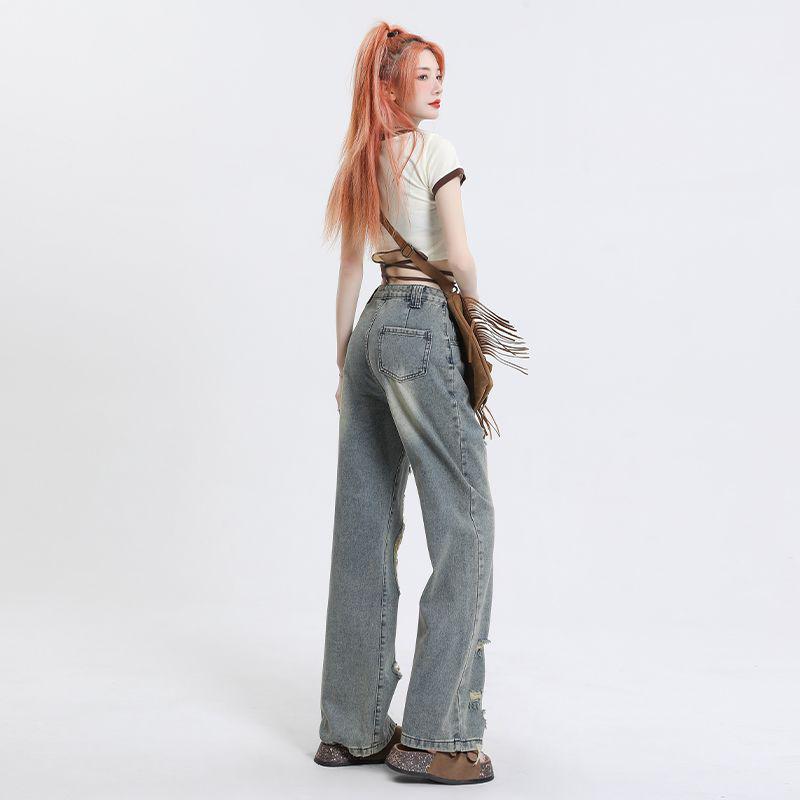 High Waist Ripped Wide Leg Jeans for Women - Trendy Slimming Fit